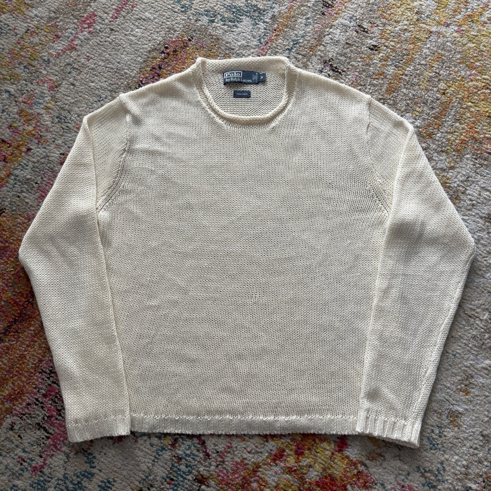 VTG Polo Ralph Lauren Cream Open Knit 100% Linen Sweater Small
